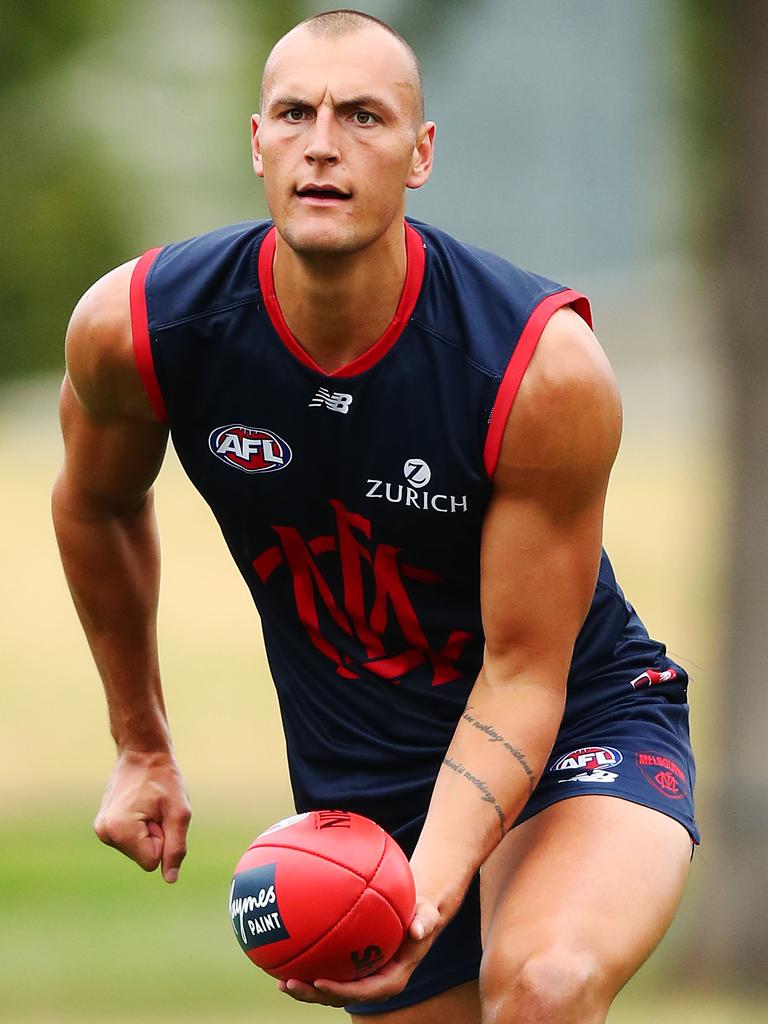 Brayden Preuss in action at Melbourne training.