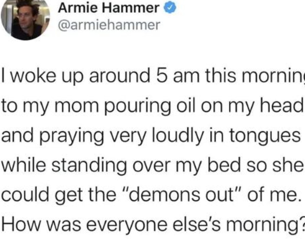 A since-deleted tweet that allegedly appeared on Armie Hammer’s account. Picture: Twitter