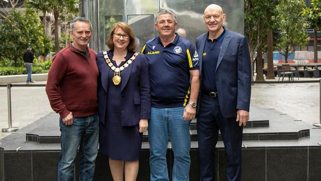 Donna Davis with Parramatta Eels legends Steve Ella, John Muggleton and Peter Wynn during Grand Final week.