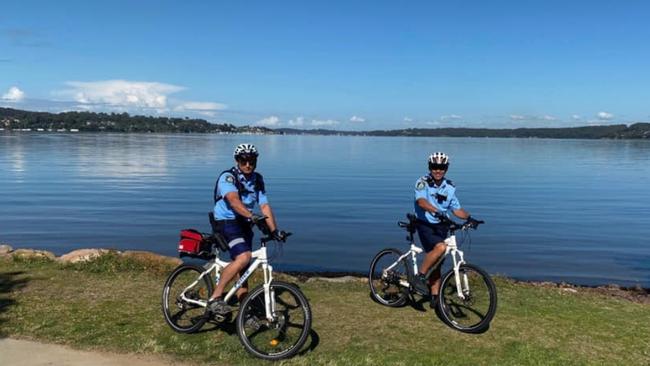 Lake Macquarie police out and about ensuring people are abiding by public health orders. Credit: Lake Macquarie police Facebook