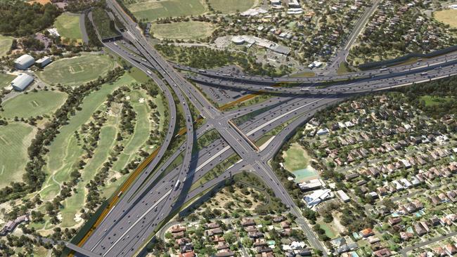 An artist’s impression of the proposed Southern Interchange and Bulleen Rd for North East Link.