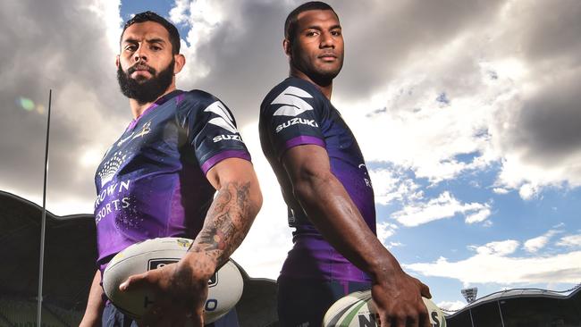 Melbourne Storm's electric wingers Josh Addo-Carr and Suliasi Vunivalu. Picture: Tony Gough