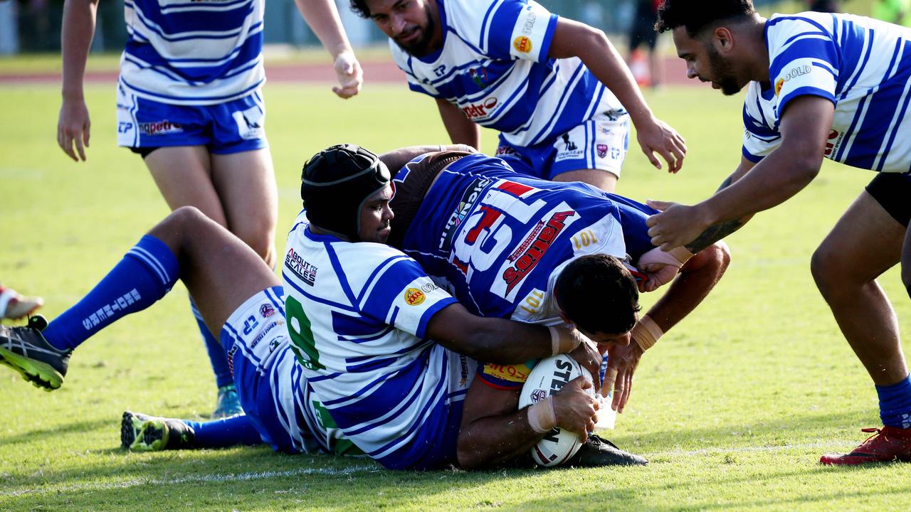 CDRL Finals - Week 1. Elimination final between Brothers and Atherton at Barlow Park. Atherton's Graham Clark Jnr grounds the ball ove Brothers Quinlyn Cannon to score a try. PICTURE: STEWART MCLEAN