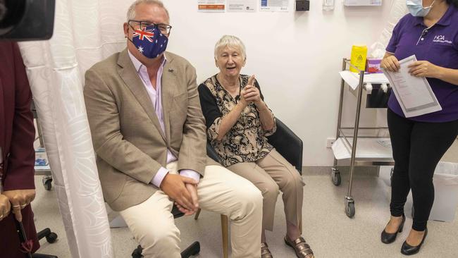 The Prime Minister and Ms Malysiak were among 20 people who became the first Australians to receive the Pfizer vaccine. Picture: NCA NewsWire / Jenny Evans