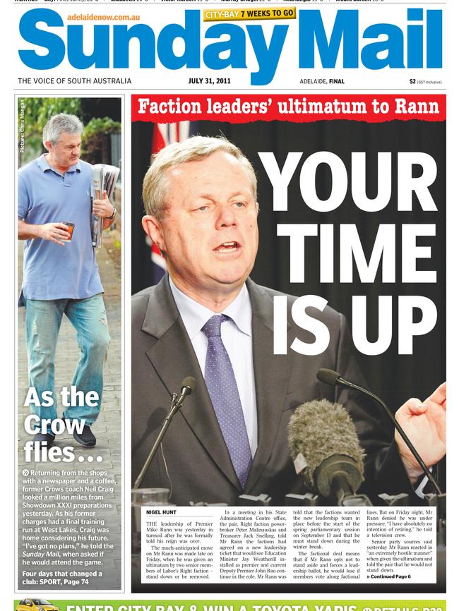 Sunday Mail front page on Mike Rann’s ousting as Labor leader in 2011.