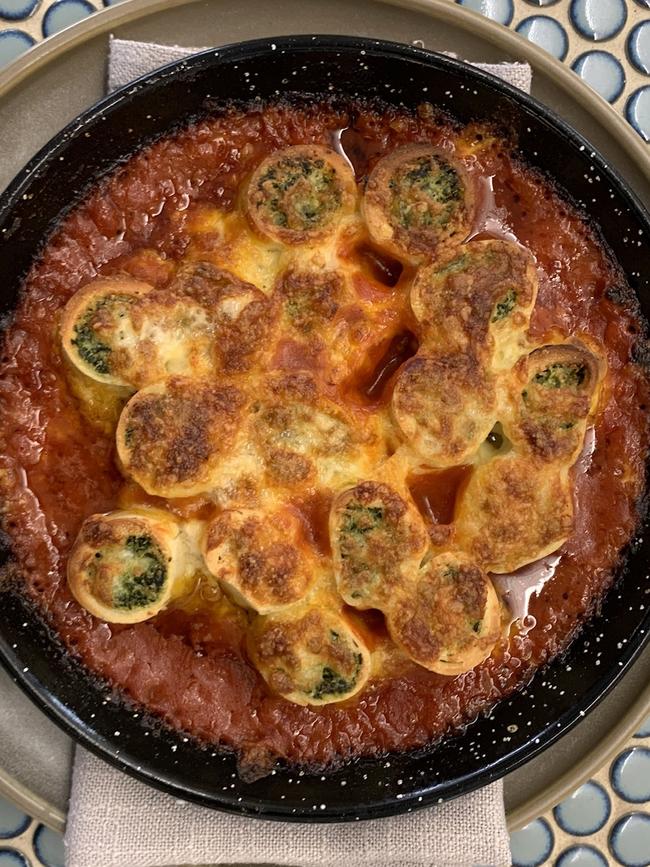 Wood-fired baked spinach and ricotta rotolo pasta. Picture: Supplied