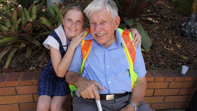 Ted Pretty with his biggest fan Year 6 student leader Jaymi-Lea Beaton. Photo Kiera Kelly-Williamson / Caloundra Weekly. Picture: Kiera Kelly-Williamson