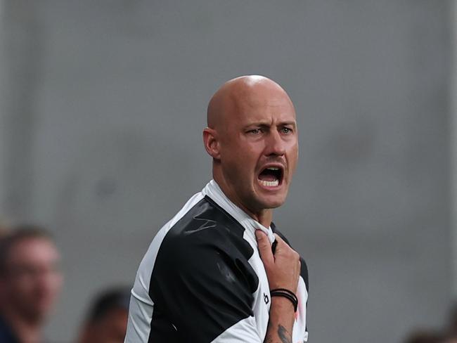 Roar Head coach Ruben Zadkovich shows his emotion during the round eight A-League Men match between Western Sydney Wanderers and Brisbane Roar at CommBank Stadium. Picture: Cameron Spencer/Getty Images