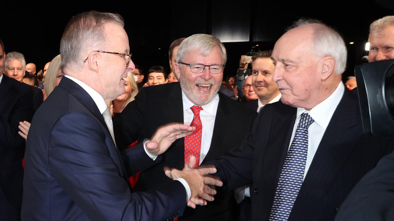 The Labor leader welcomed by Kevin Rudd and Paul Keating. Picture: Liam Kidston.