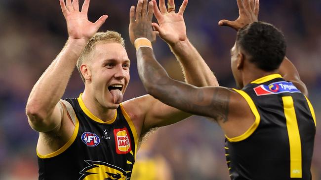 West Coast co-captain and free agent Oscar Allen found his mojo against Geelong on Sunday. Picture: Paul Kane / Getty Images