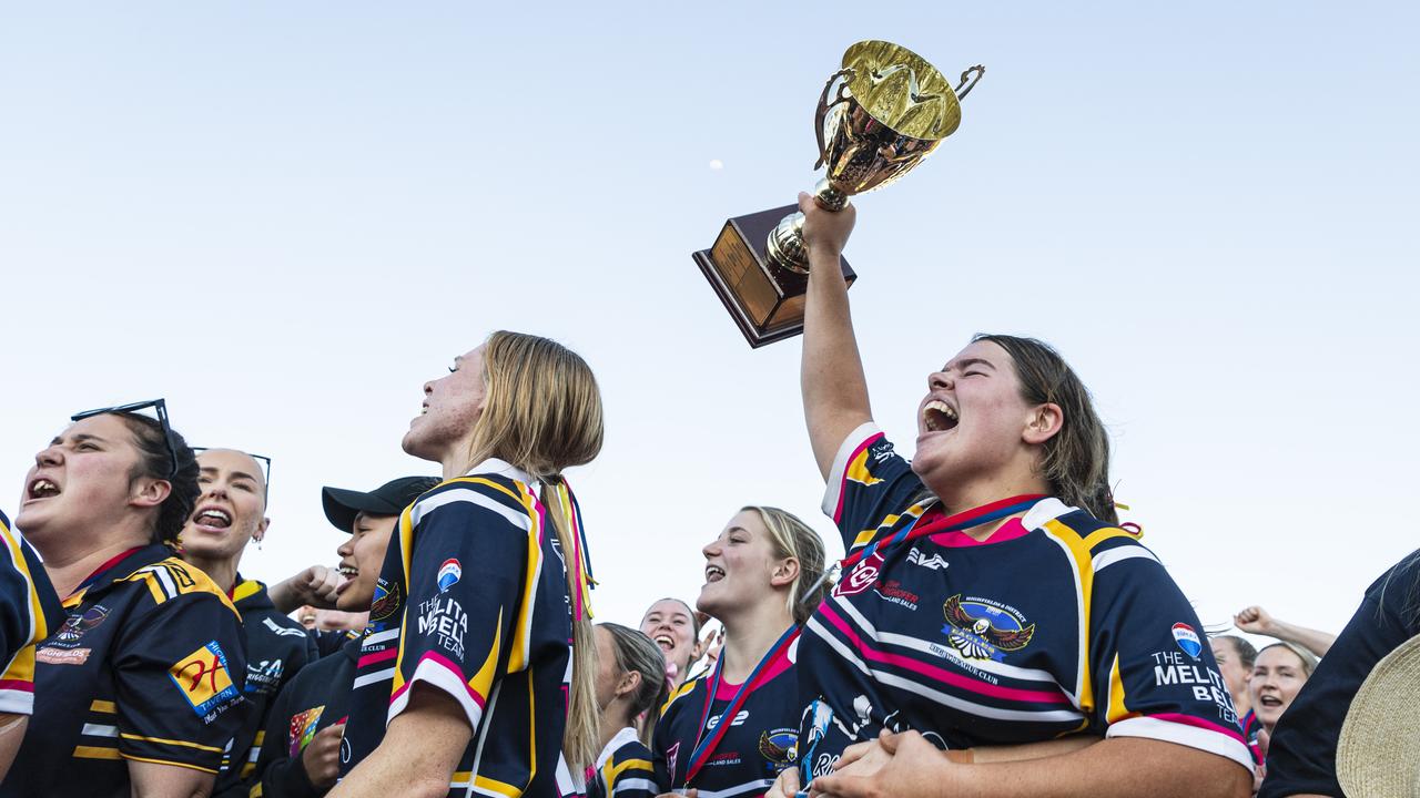 Highfields captain Katelyn Collie celebrate with her team as the TRL Women Premiers after defeating Gatton in the grand final at Toowoomba Sports Ground, Saturday, September 14, 2024. Picture: Kevin Farmer