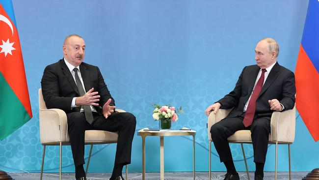 Russia's President Vladimir Putin meets with Azerbaijani President Ilham Aliyev on the sidelines of the Shanghai Cooperation Organisation (SCO) member states leaders' summit in Astana on July 3. Picture: Sergei Savostyanov/Pool/AFP