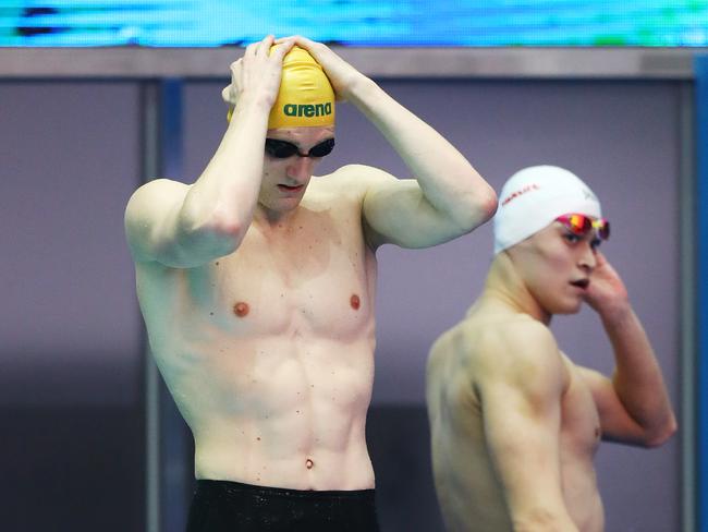 Mack Horton (L) won’t be awarded Sun’s world championship gold. Picture: Clive Rose/Getty