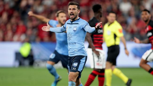 Kosta Barbarouses appeals for a goal before a VAR check decided the ball hadn't crossed the line during the match against the Western Sydney Wanderers.