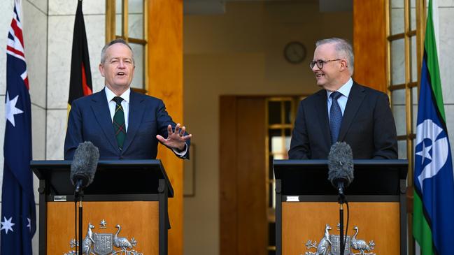 Standing alongside Anthony Albanese in the Prime Minister’s courtyard Mr Shorten announced his retirement. Picture: AAP