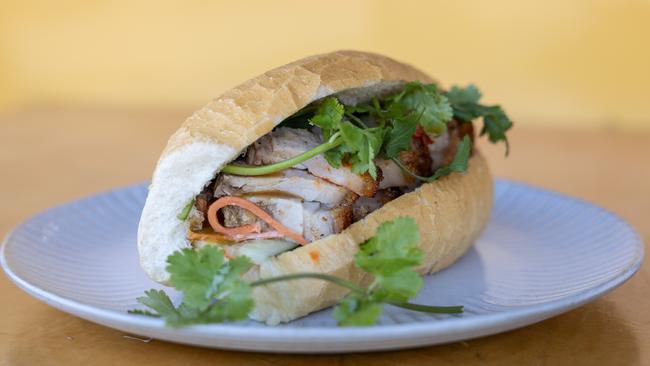 The crackling pork belly banh mi. Picture: David Kelly