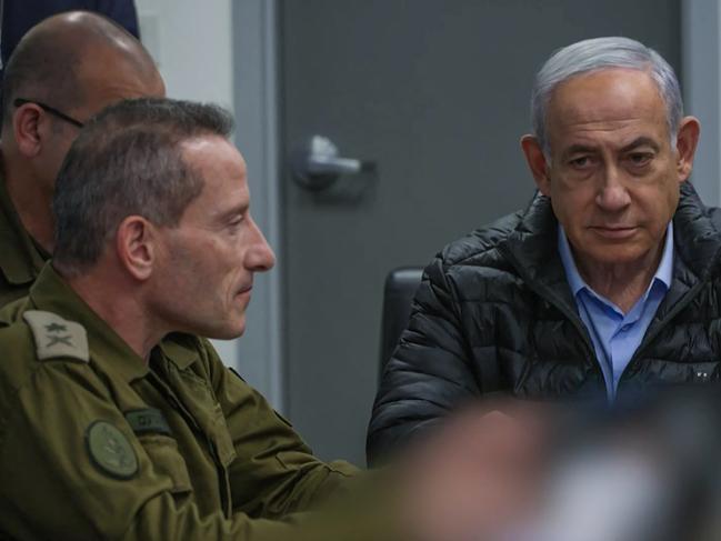 Prime Minister Benjamin Netanyahu attending a meeting in the command center of the defense ministry in Tel Aviv as Israel conducts what it says are "precise strikes" on military targets in Iran. Picture: AFP