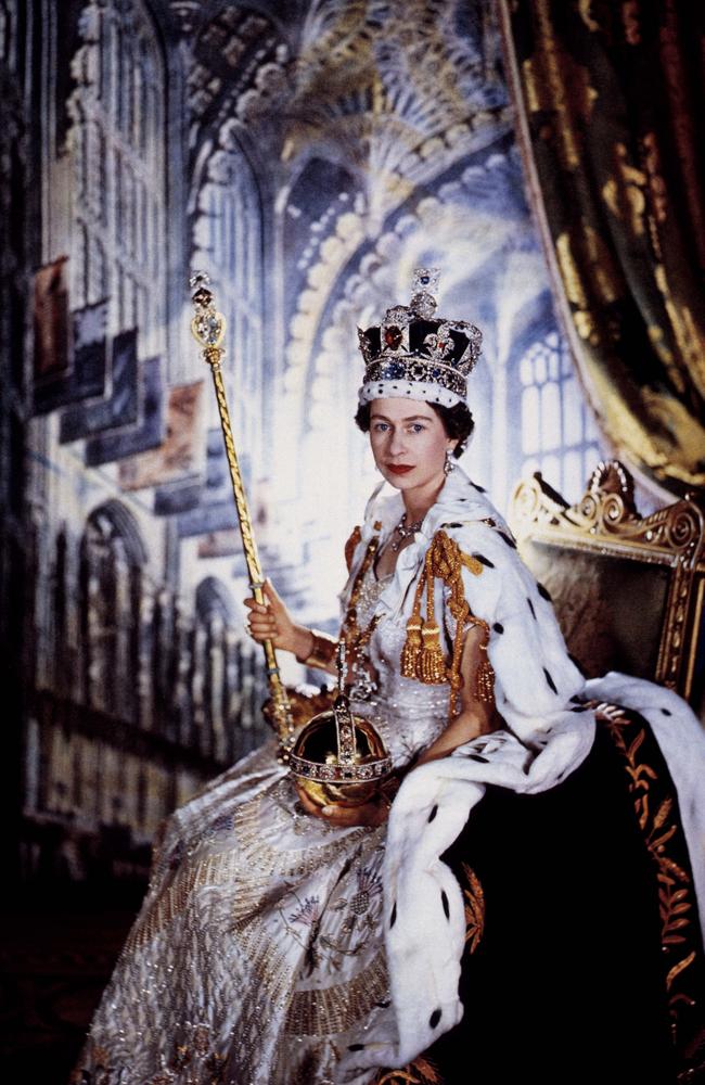 Queen Elizabeth II in her robes on the occasion of her Coronation, 1953. Picture: Australscope