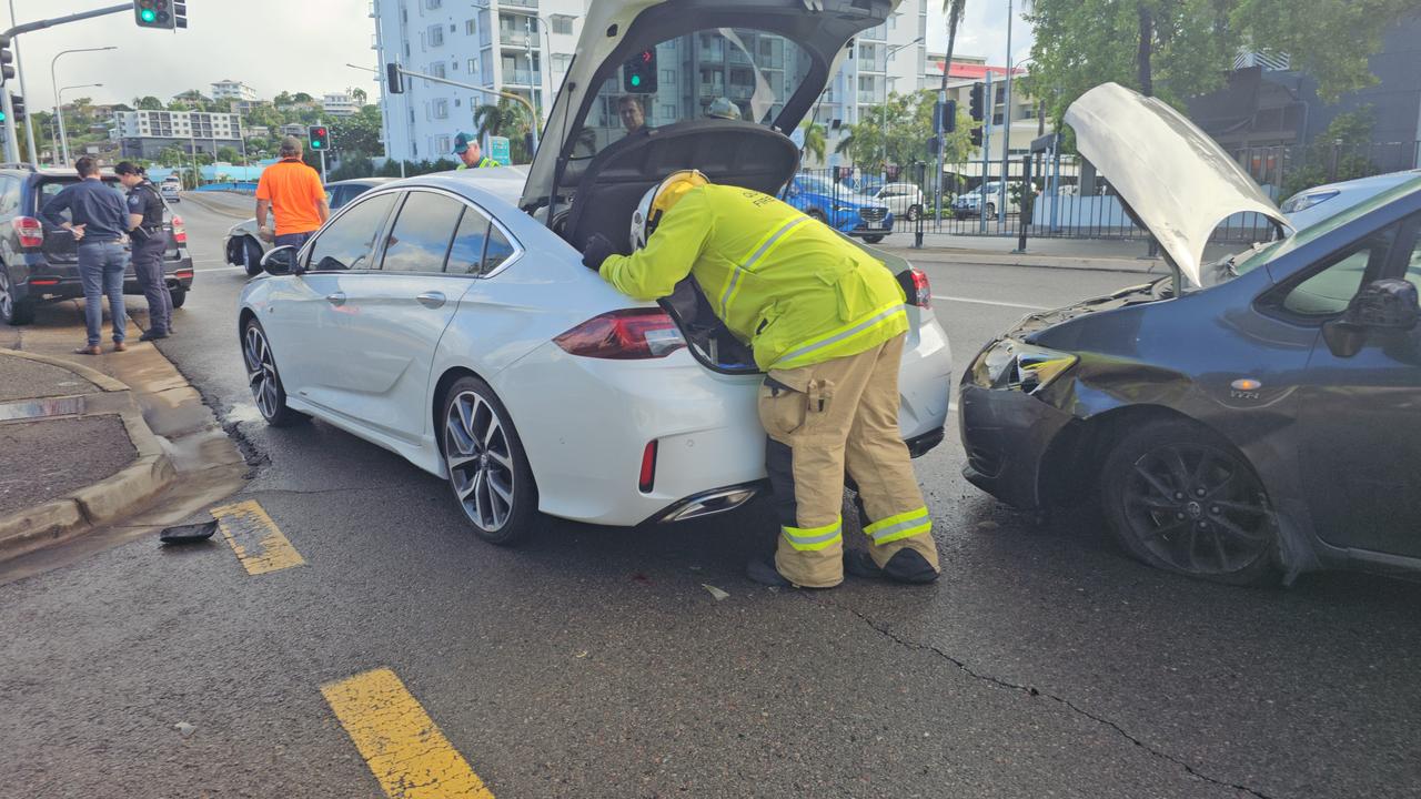 A man was taken into custody at the scene of a multi-vehicle crash in South Townsville on March 4. Picture: Natasha Emeck