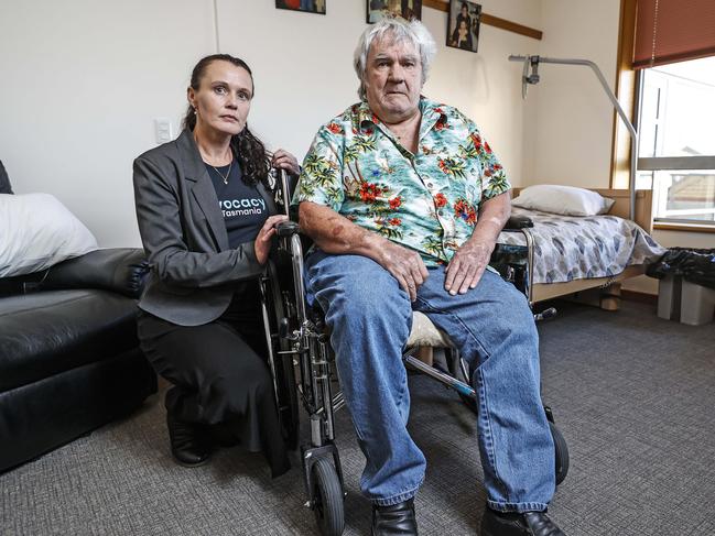 Advocacy Tasmania’s Kate Paterson with Glenview Aged Care resident Michael Burles, who had all his possessions sold by the Public Trustee without his consent. Picture: Zak Simmonds