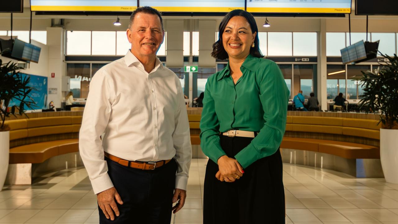 CS Energy CEO Darren Busine and Queensland Airports Limited CEO Amelia Evans. Ms Evans said its collaboration with the Queensland-owned and based energy company showed its commitment to decarbonising its operations at Gold Coast and Townsville Airports. Picture: Supplied