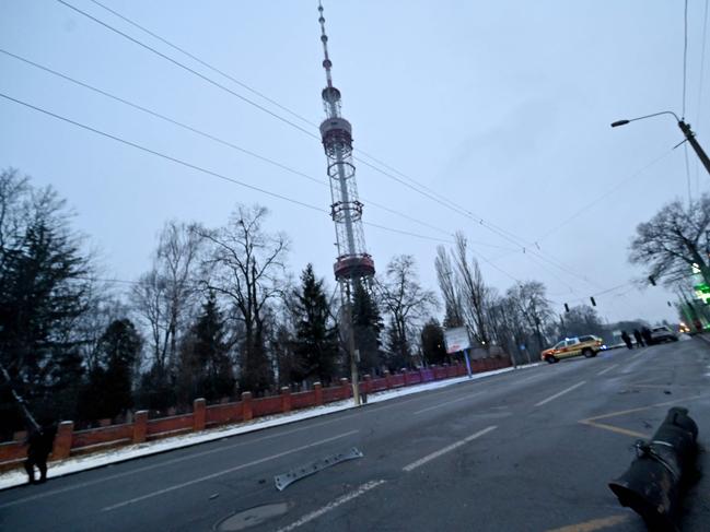 A fragment of missile after an air strike that hit Kyiv's main television tower in Kyiv. Picture: AFP