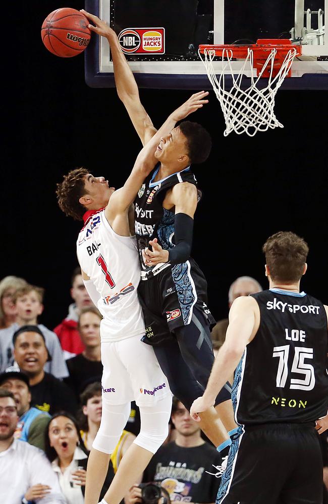 RJ Hampton blocks LaMelo Ball’s shot on Thursday night. Picture: Getty Images