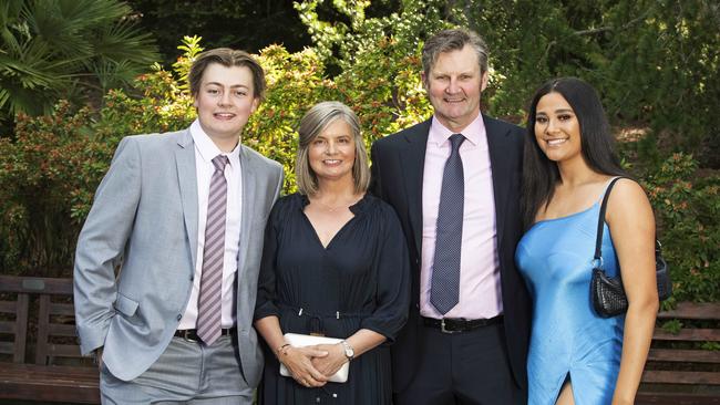 The Hutchins School leavers dinner at the Royal Tasmanian Botanical Gardens, Harrison Riley, Sussan Riley, Chris Riley and Remy Williams. Picture Chris Kidd
