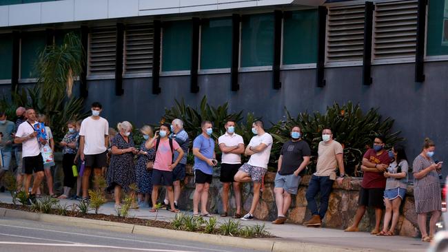 Queensland residents and visitors from interstate queue for testing at the Royal Brisbane and Womens Hospital. Picture: David Clark