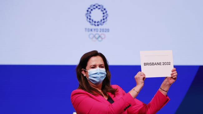 Former premier Annastacia Palaszczuk celebrates after Brisbane was announced as the 2032 Summer Olympics host city in Tokyo, in 2021. Picture: Toru Hanai/Getty Images