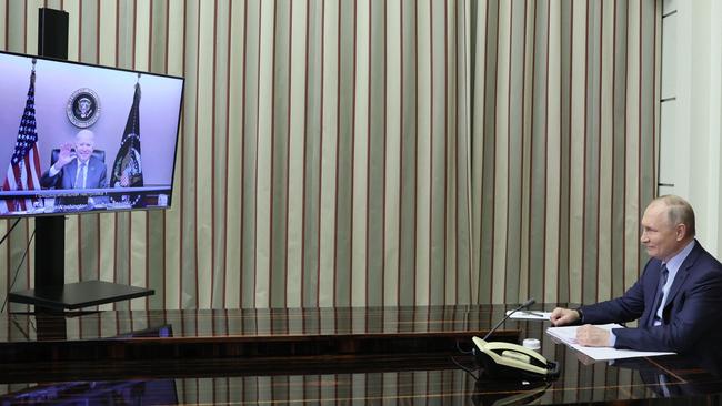 Russian President Vladimir Putin attends a meeting with US President Joe Biden via a video call. Picture: Mikhail Metzel/Sputnik/AFP.