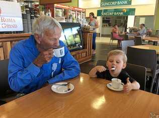 Jack and Finn Owen enjoying a cappacino (and babycino) at Roma Grind.