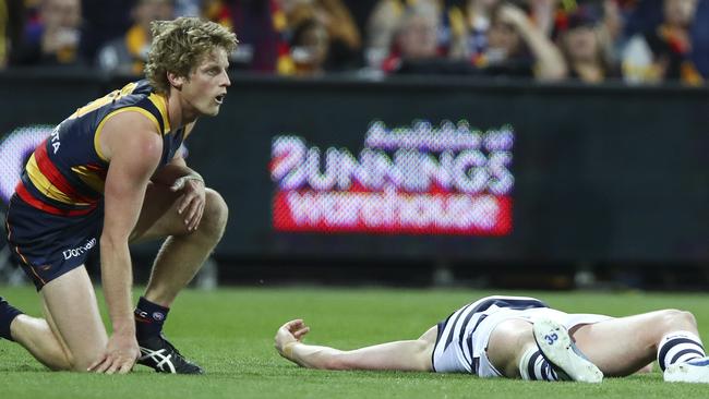 Rory Sloane clashes with Patrick Dangerfield. Picture Sarah Reed