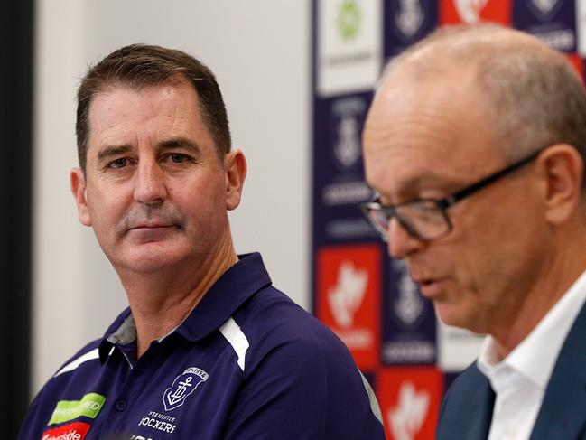 Ross Lyon with Dockers president Dale Alcock at a press conference in May 2018 where they addressed a sexual harassment complaint. Picture: Getty