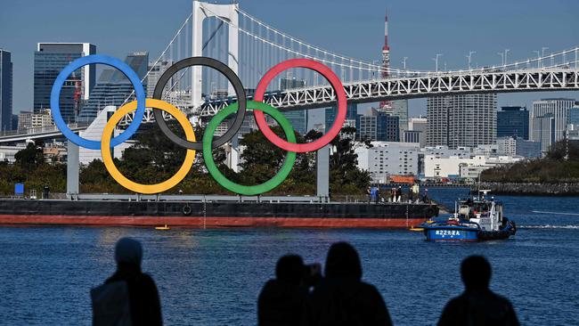 The Olympic rings on the waterfront in Tokyo ahead of the July Olympics. Picture: AFP