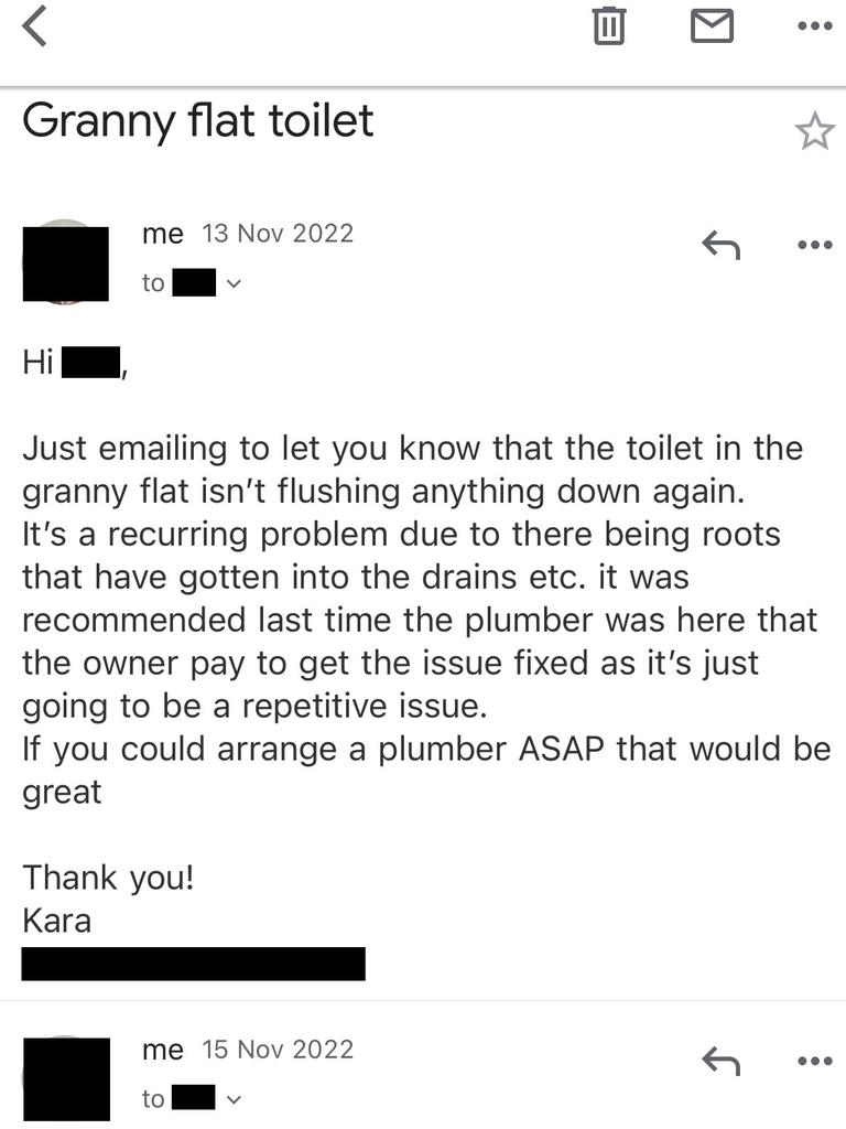 Kara said there were ongoing problems with her toilet which got worse last year. Picture: Supplied