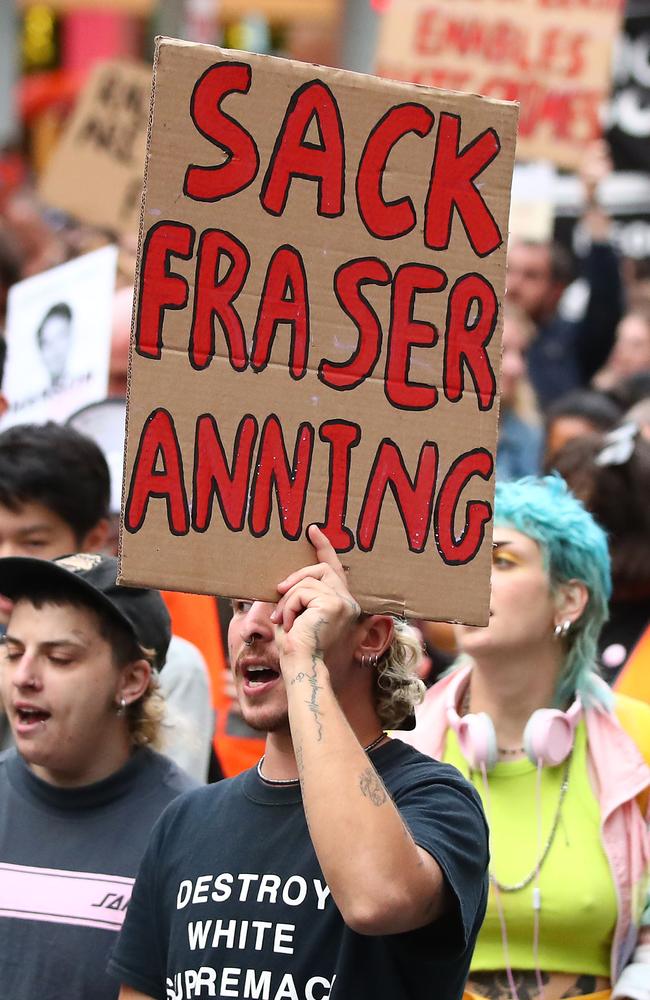 A sign calls for Senator Anning’s sacking at a protest in Melbourne. Picture: Scott Barbour/Getty