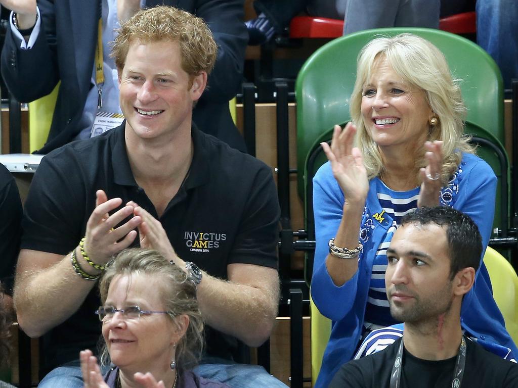 Prince Harry and Jill Biden watch the wheelchair basketball at the Copper Box at Queen Elizabeth Park on September 13, 2014 in London, England. Picture: Chris Jackson/Getty Images