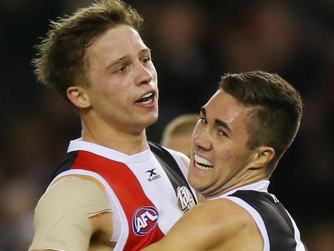 MELBOURNE, AUSTRALIA - JUNE 25:  Jack Billings (L) of the Saints celebrates a goal with Jade Gresham during the round 14 AFL match between the St Kilda Saints and the Gold Coast Suns at Etihad Stadium on June 25, 2017 in Melbourne, Australia.  (Photo by Michael Dodge/Getty Images)