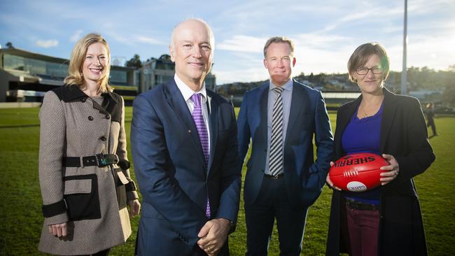 From left, Opposition Leader Rebecca White, AFL Taskforce chairman Brett Godfrey, Premier Will Hodgman and Greens leader Cassy O’Connor. Picture: RICHARD JUPE