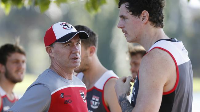 St Kilda first day of pre season training at Albert Park lake. Jake Carlisle talks with coach Alan Richardson . Pic: Michael Klein.