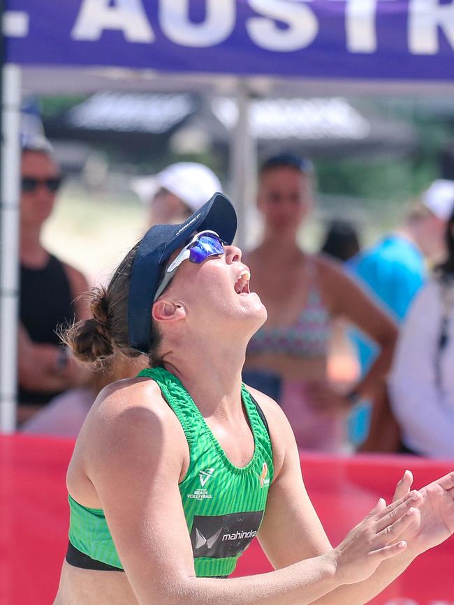 Queenslands Georgia Johnson at the Australian Beach Volleyball Championships in Coolangatta. Picture: Glenn Campbell