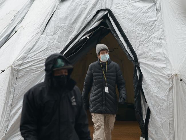 A makeshift morgue outside of Bellevue Hospital in New York in anticipation of COVID-19 victims. Picture: AFP