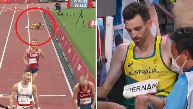 Patrick Tiernan collapsed three times before the end of the men’s 10,000m and needed a wheelchair. to leave the stadium.