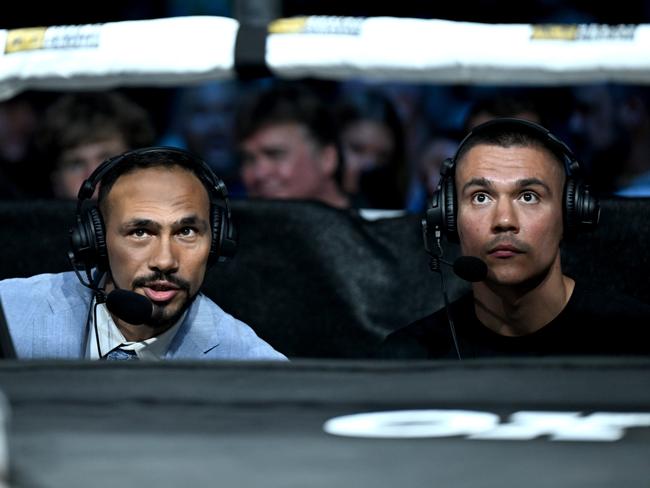 Keith Thurman (L) in commentary with Tim Tszyu on Saturday night. Picture: Supplied