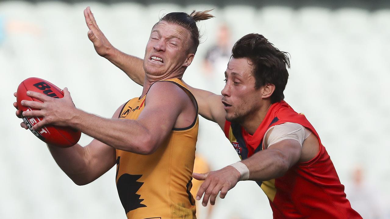 Rhys Palmer (left) in a WA v SA state game in 2018. Photo: Sarah Reed