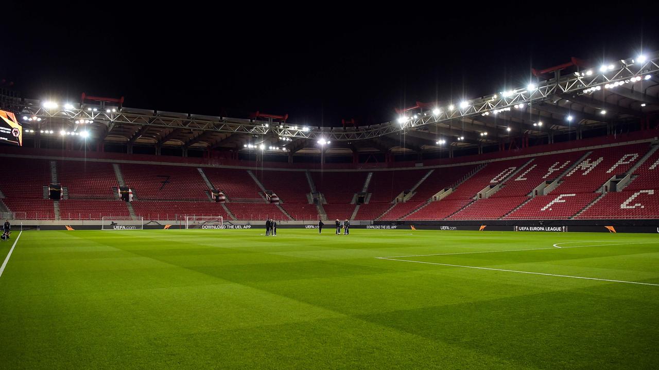 An empty stadium prior to the UEFA Europa League first leg of round-of-16 football match between Olympiakos FC and Wolves at the Karaiskakis Stadium, in Piraeus. The match was held behind closed doors due to the spread of Covid. Picture: Angelos Tzortzinis / AFP