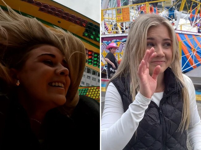 Reporter Natasha Innes during and after some of the Ekka's scariest rides.