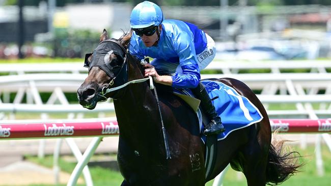 Space Rider dashes away under Chad Schofield to win the QTIS 2YO handicap at Eagle Farm for jockey Chad Schofield. Picture: Grant Peters / Trackside Photography