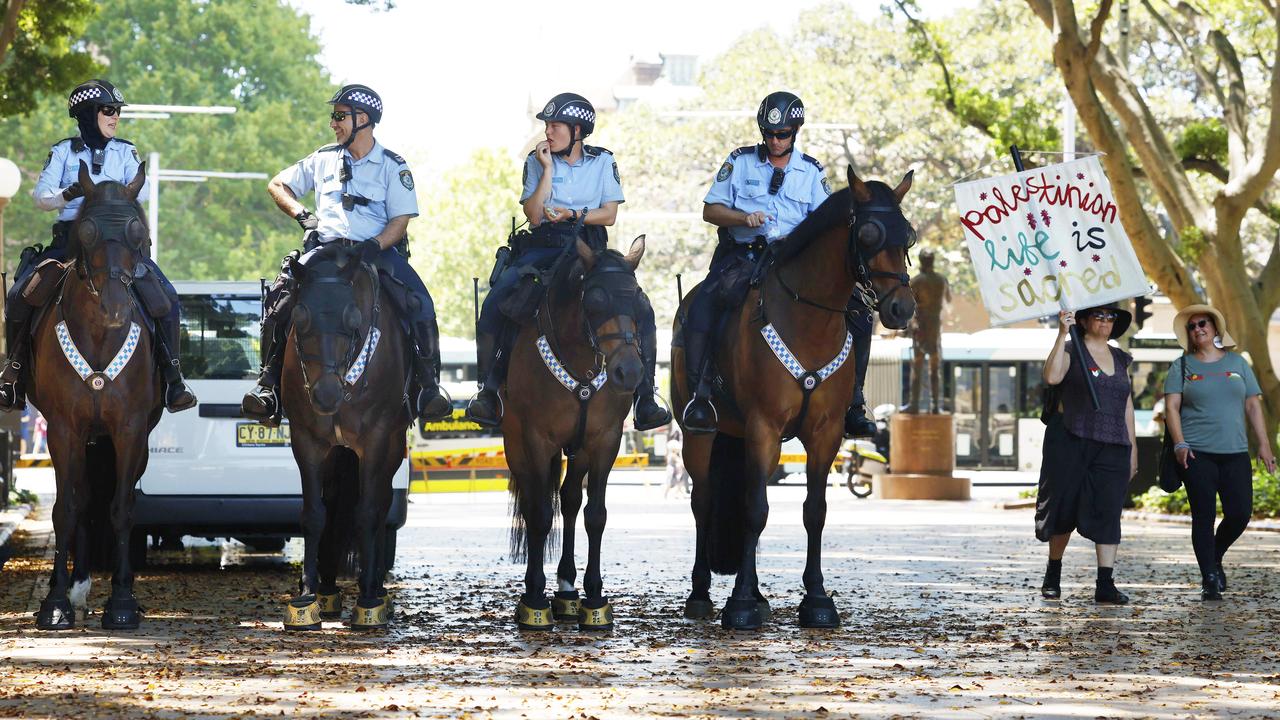Mounted Sydney police stand by in Hyde Park, awaiting the commencement of the ‘Stop The Genocide in Gaza Free Palestine’ protest in the CBD. Picture: Jonathan Ng